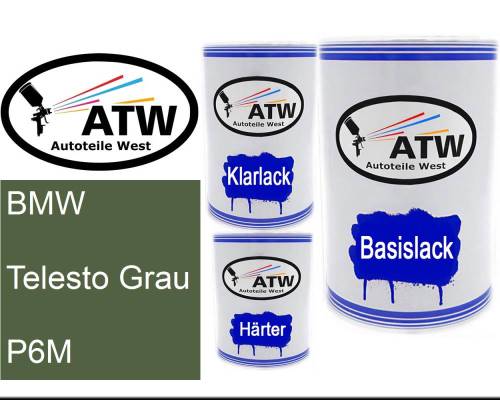BMW, Telesto Grau, P6M: 500ml Lackdose + 500ml Klarlack + 250ml Härter - Set, von ATW Autoteile West.